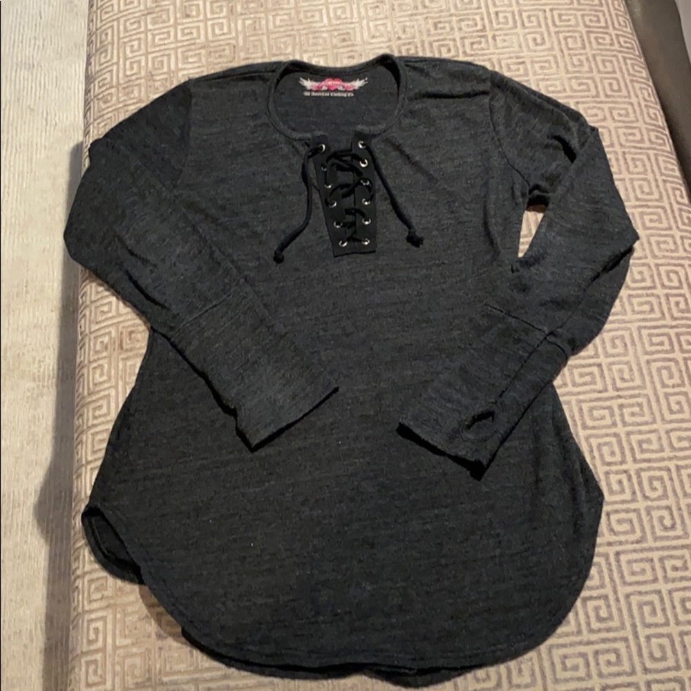 So Nikki dark gray lace up shirt size M
